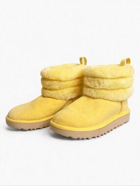 UGG Classic Mini Fluff Quilted Suede Boots Yellow Women’s Size 5